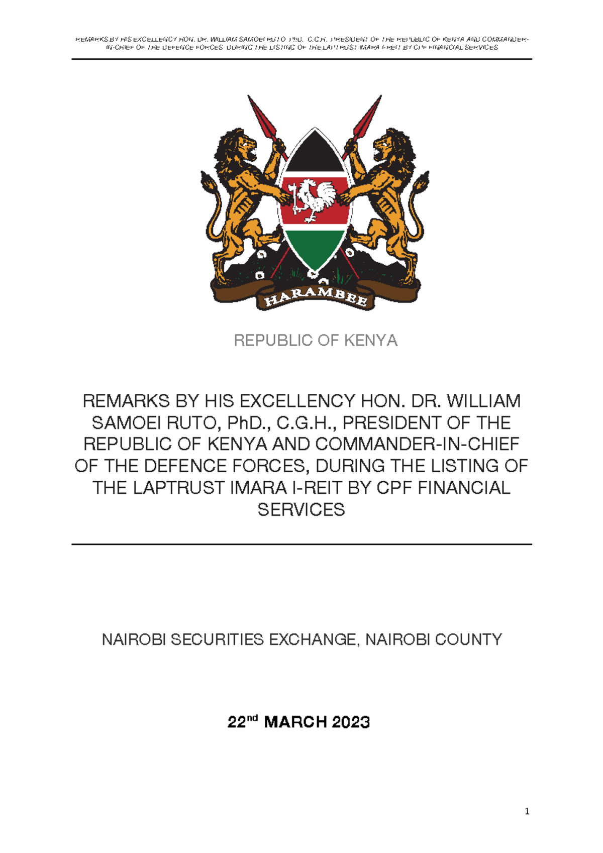 Ruto Nse Remarks - REPUBLIC OF KENYA REMARKS BY HIS EXCELLENCY HON. DR ...