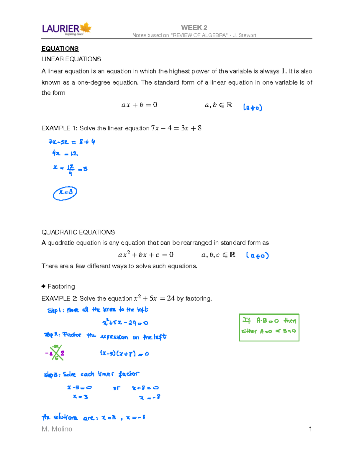 Week 2 - MA102 (Notes) - Notes Based On “REVIEW OF ALGEBRA” - J ...