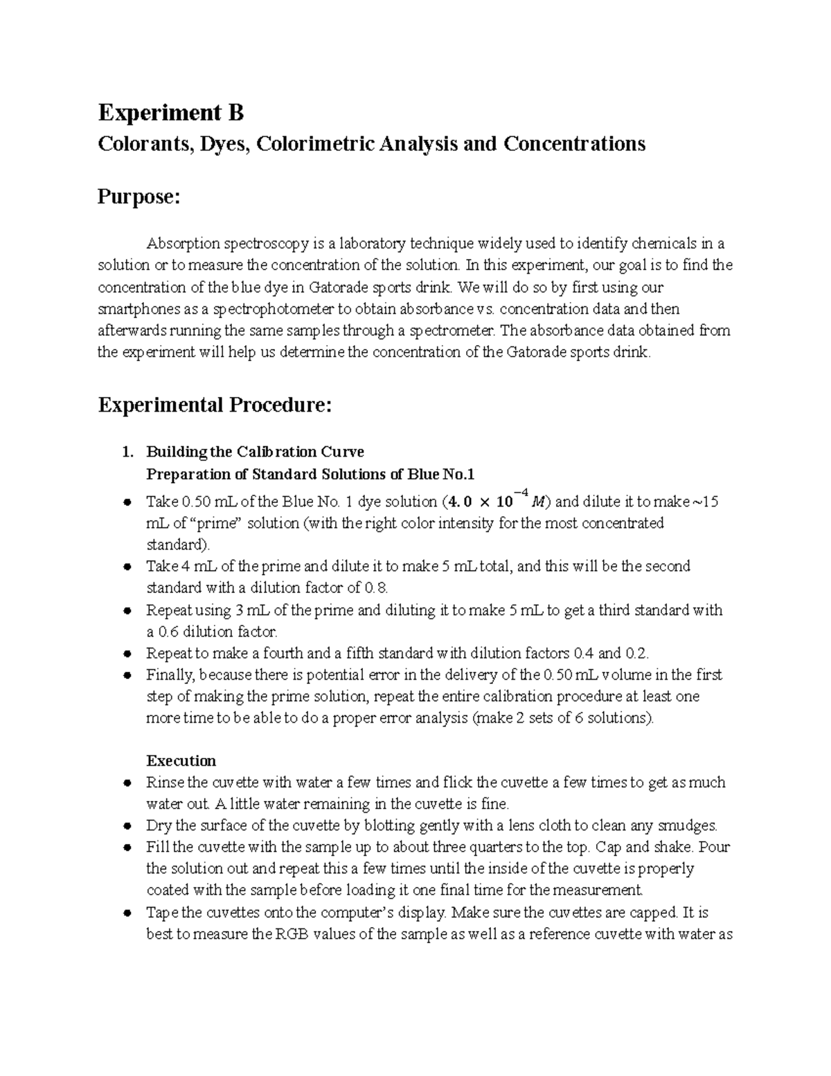 Experiment B Short Lab Report Experiment B Colorants, Dyes