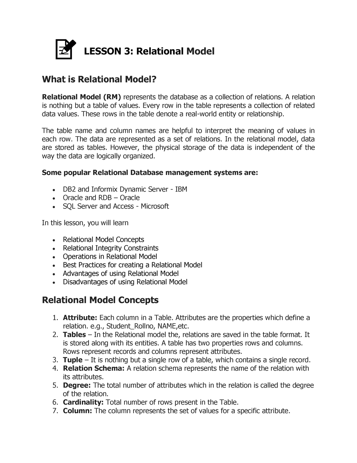 Module 3 - Lesson 3 - LESSON 3: Relational Model What Is Relational ...