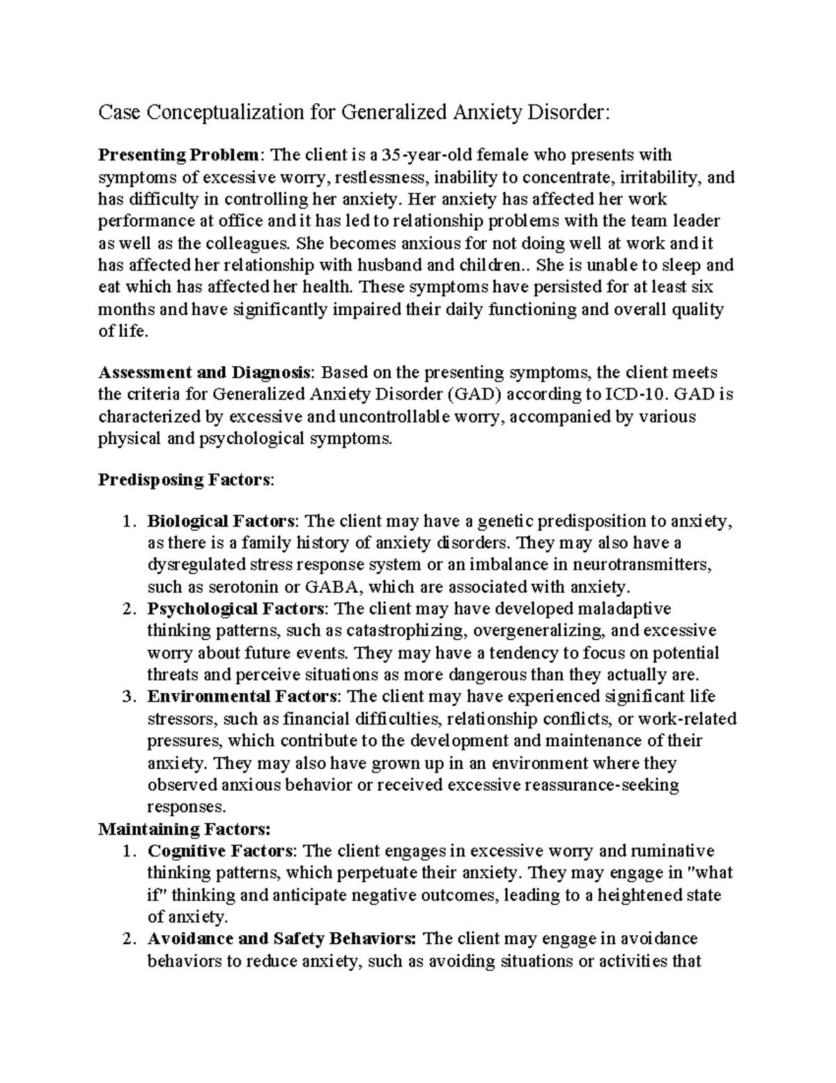 Case Conceptualization for Generalized Anxiety Disorder - Her anxiety ...