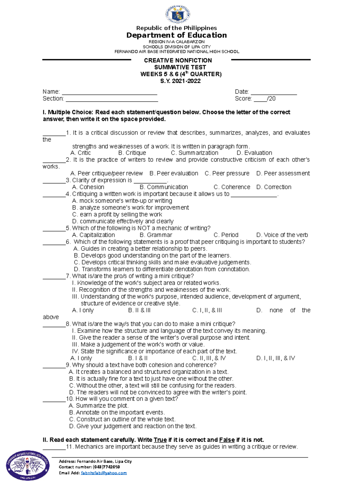 Creative-Nonfiction -Q4-Summative-Test -Weeks-5-6 - Republic Of The ...