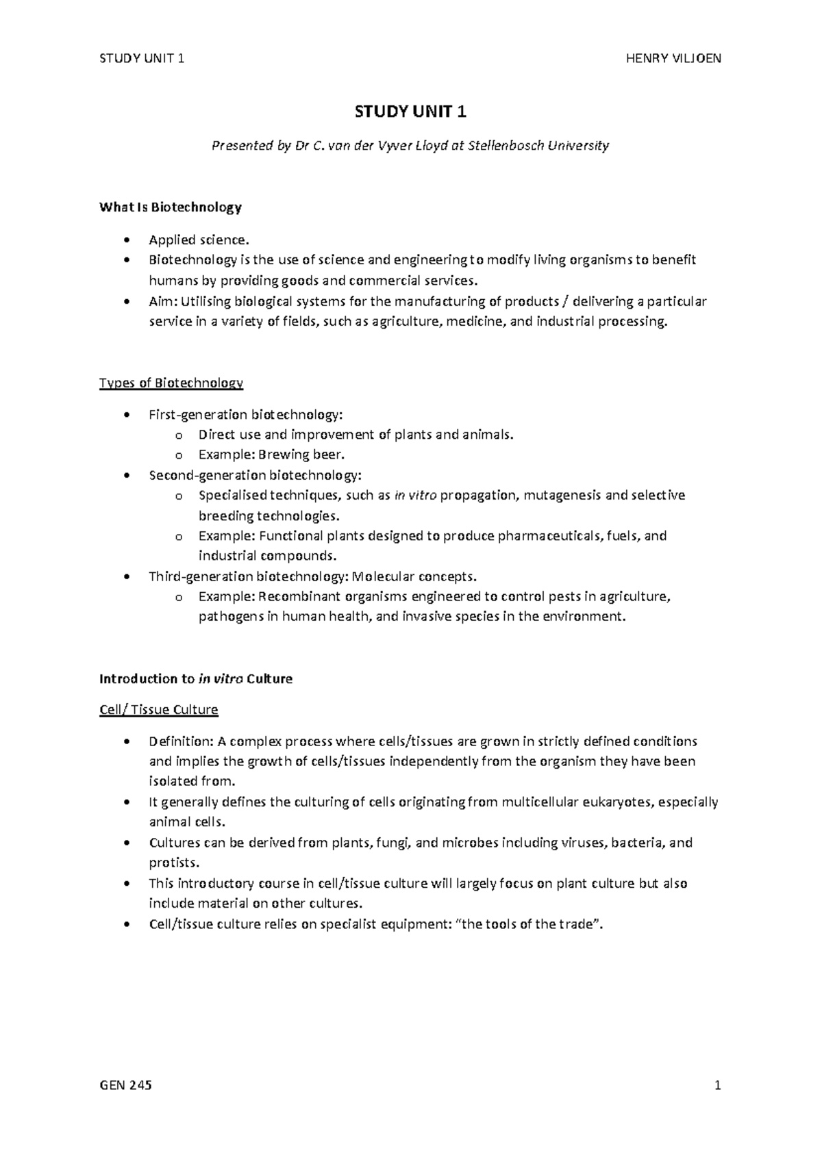 Study Unit 1 Notes - STUDY UNIT 1 Presented by Dr C. van der Vyver