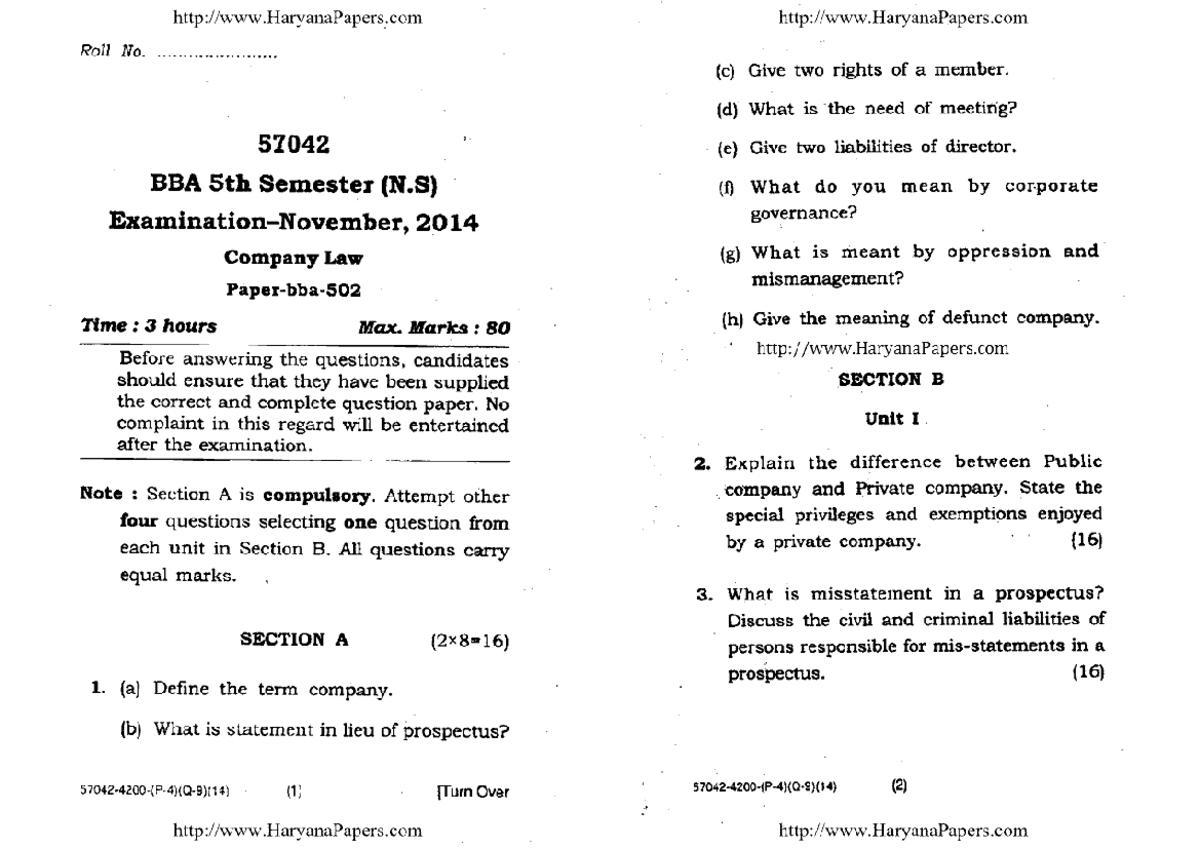 Bba 5 sem company law 57042 dec 2014 - Business law - Studocu