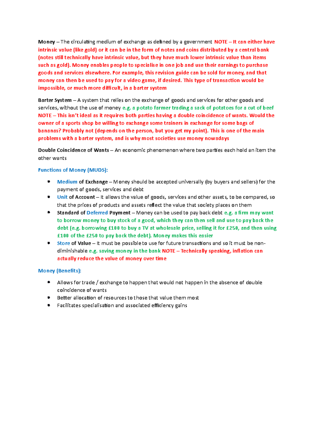 Economics of Money and Banking Lecture 1 Notes Money The