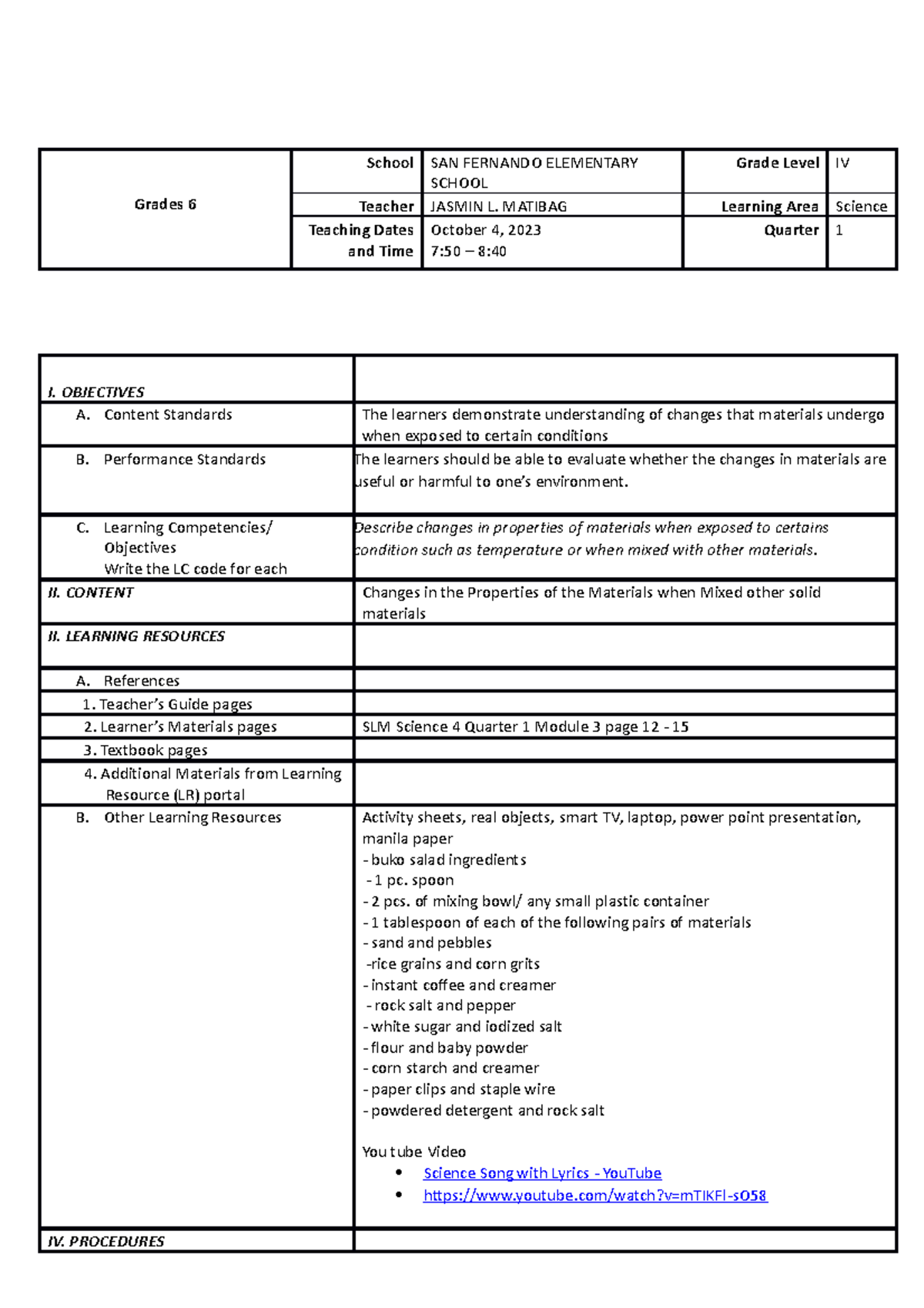 COT 1 Science 4 - COT 1 - Grades 6 School SAN FERNANDO ELEMENTARY ...