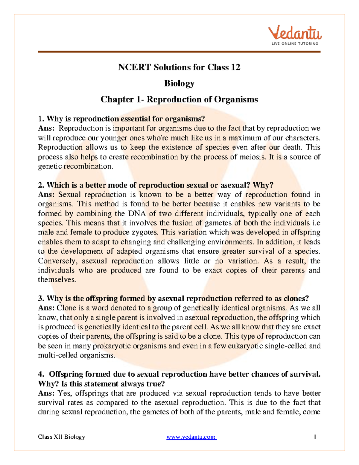 Class 12 - Biology - Reproduction in Organism - NCERT Solutions for ...
