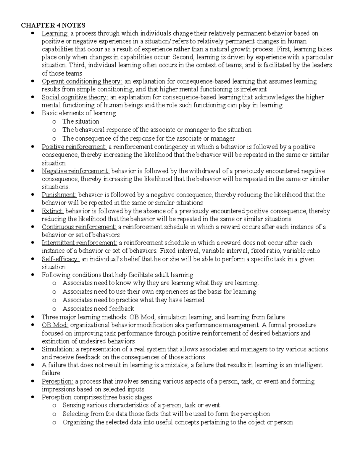 Chapter 4 Notes - CHAPTER 4 NOTES Learning: a process through which ...