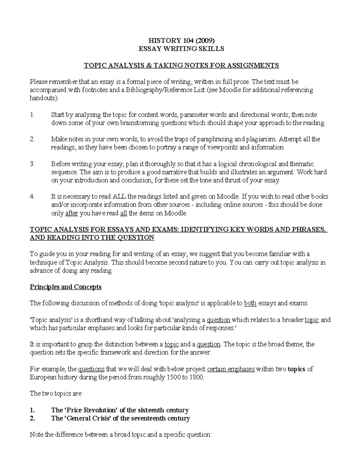 Essay Planning and Topic Analysis 2009 - HISTORY 104 (2009) ESSAY ...