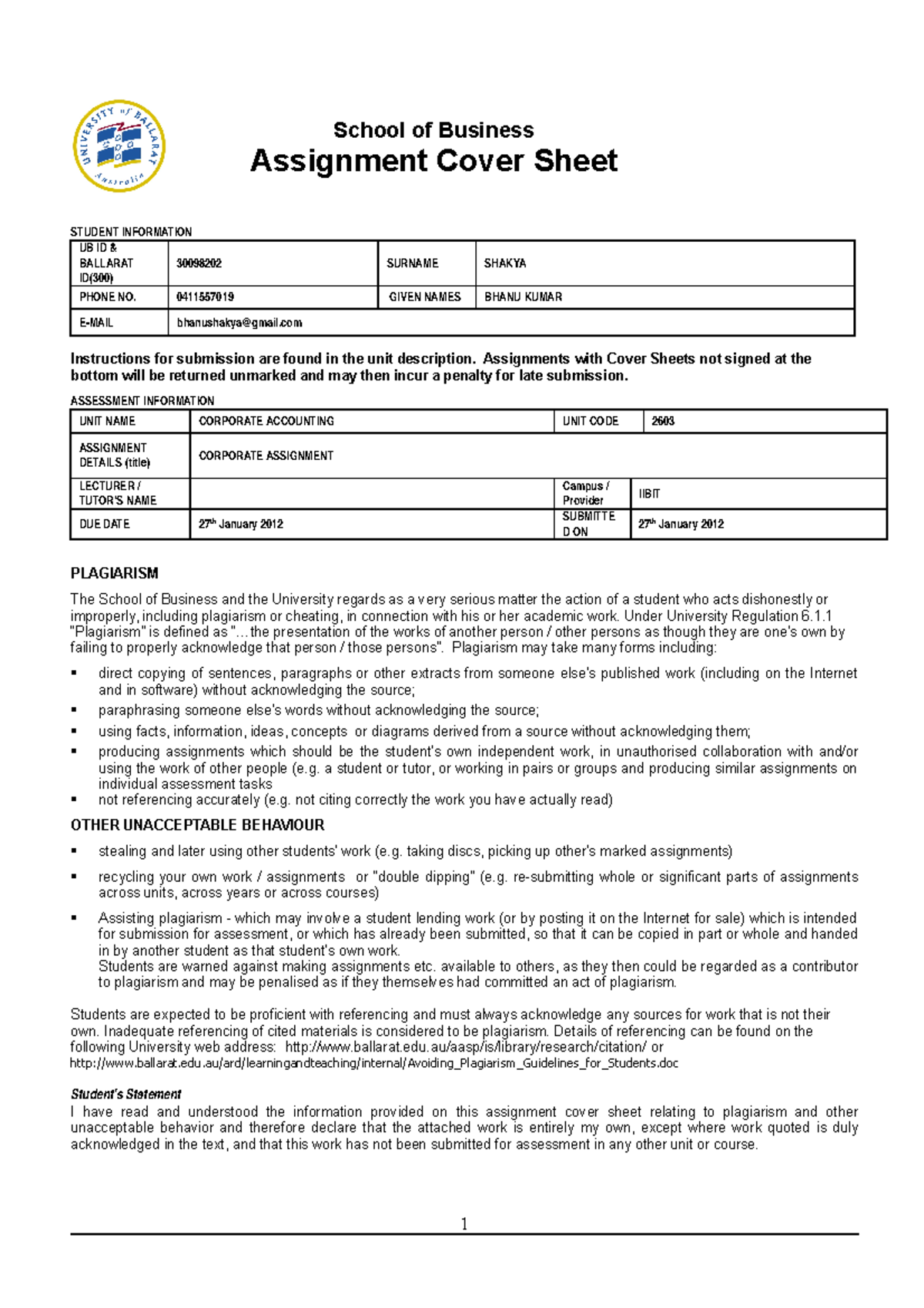 Corporate Accounting Assignment - School of Business Assignment Cover ...