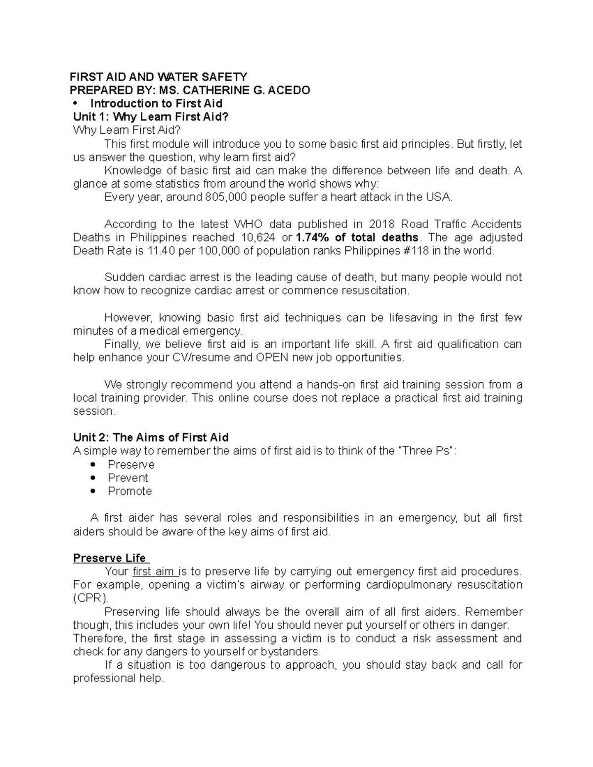 First AID AND Water Safety 3 handout dgdfgd BSCEBS in Civil