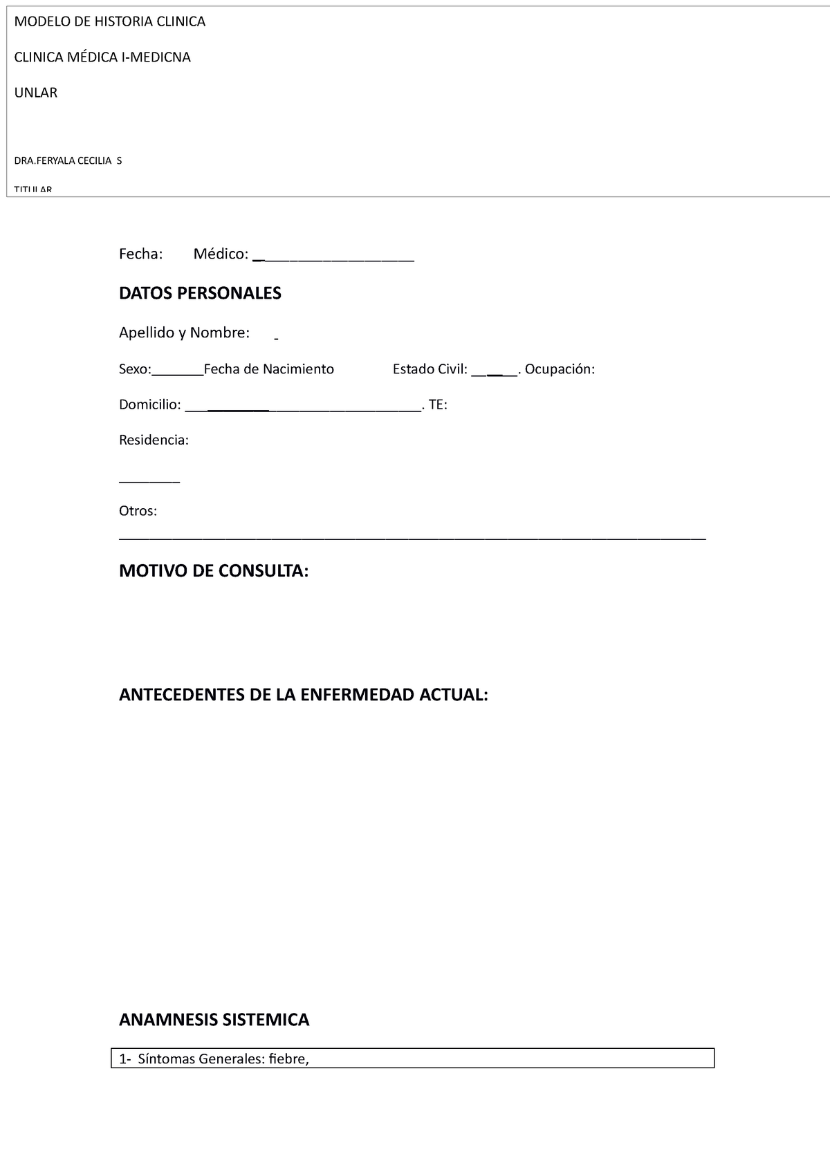 Modelo De Historia Clinica Fecha Médico Datos Personales Apellido Y