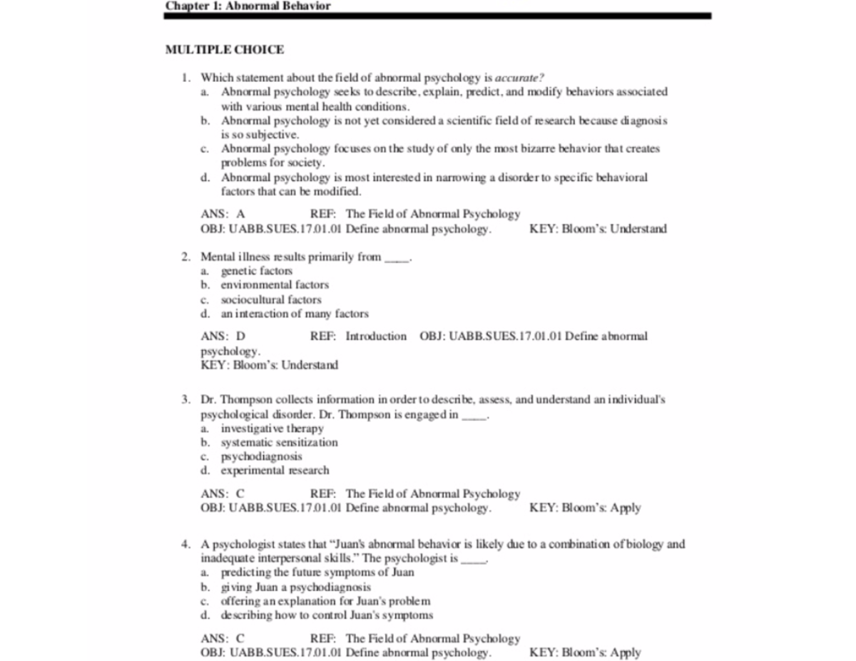 Abnormal Behavior Test Bank Straight From The Required Textbook For ...