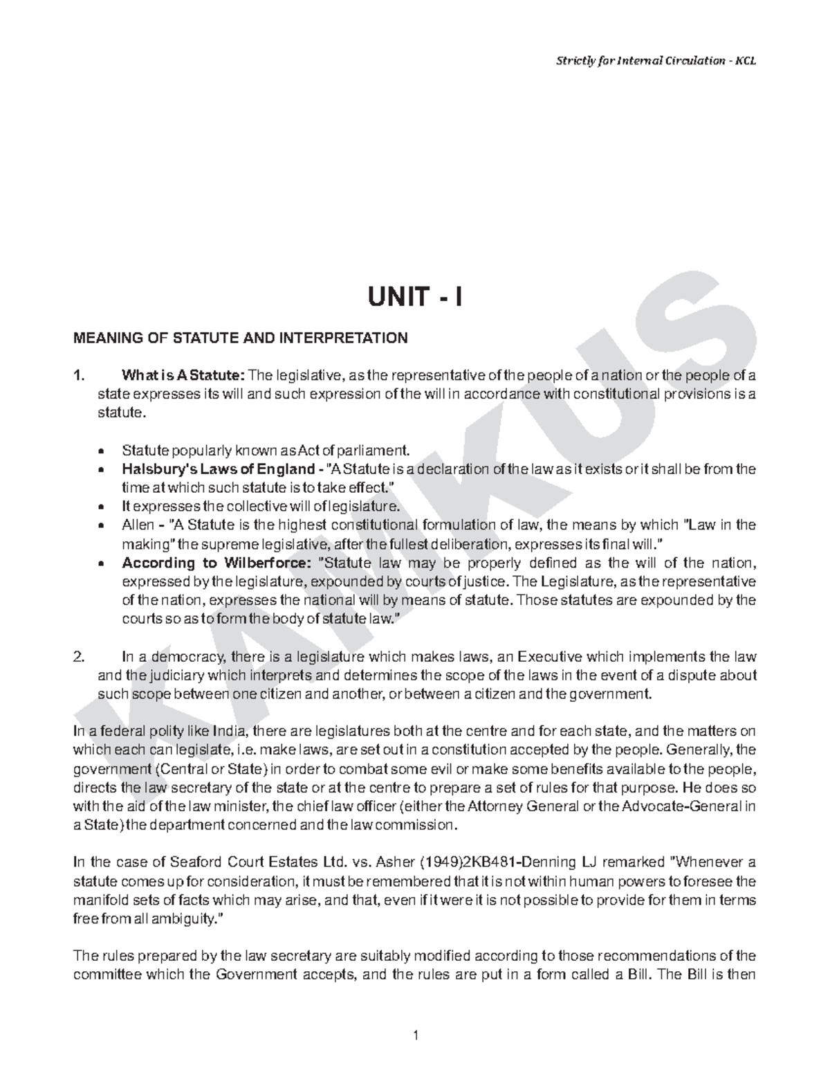 Interpretation of statue notes KAMKUS UNIT I MEANING OF STATUTE AND