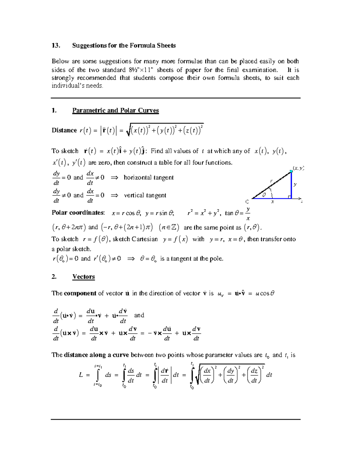 summary-suggestions-for-the-formula-sheets-and-parametric-polar