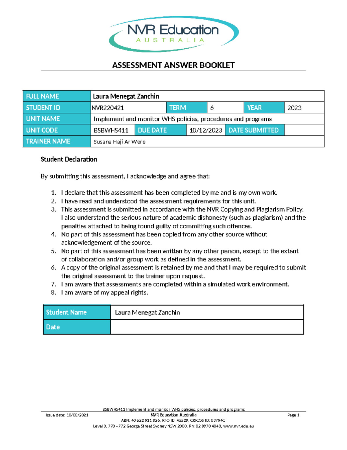 Unit 2 Task 3 Assessment Answer Booklet Task 3 - Bsbwhs 411 - FULL NAME ...