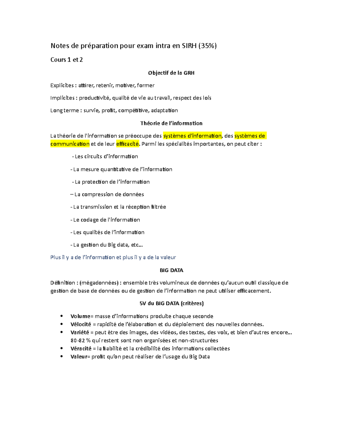 Notes de préparation pour exam intra en SIRH - rei3206 - UdeM - Studocu