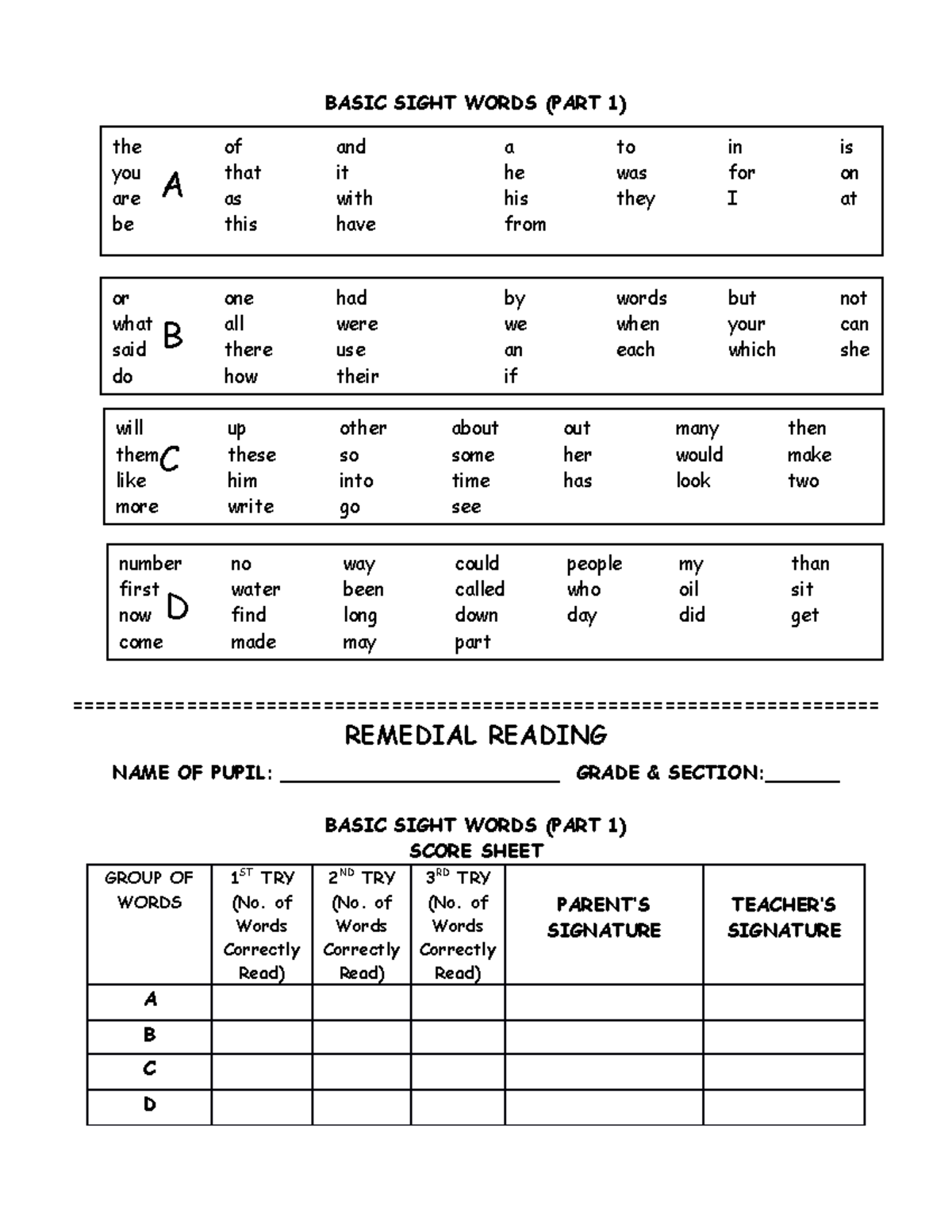 Basic Sight Words Individual CARD - BASIC SIGHT WORDS (PART 1) - Studocu