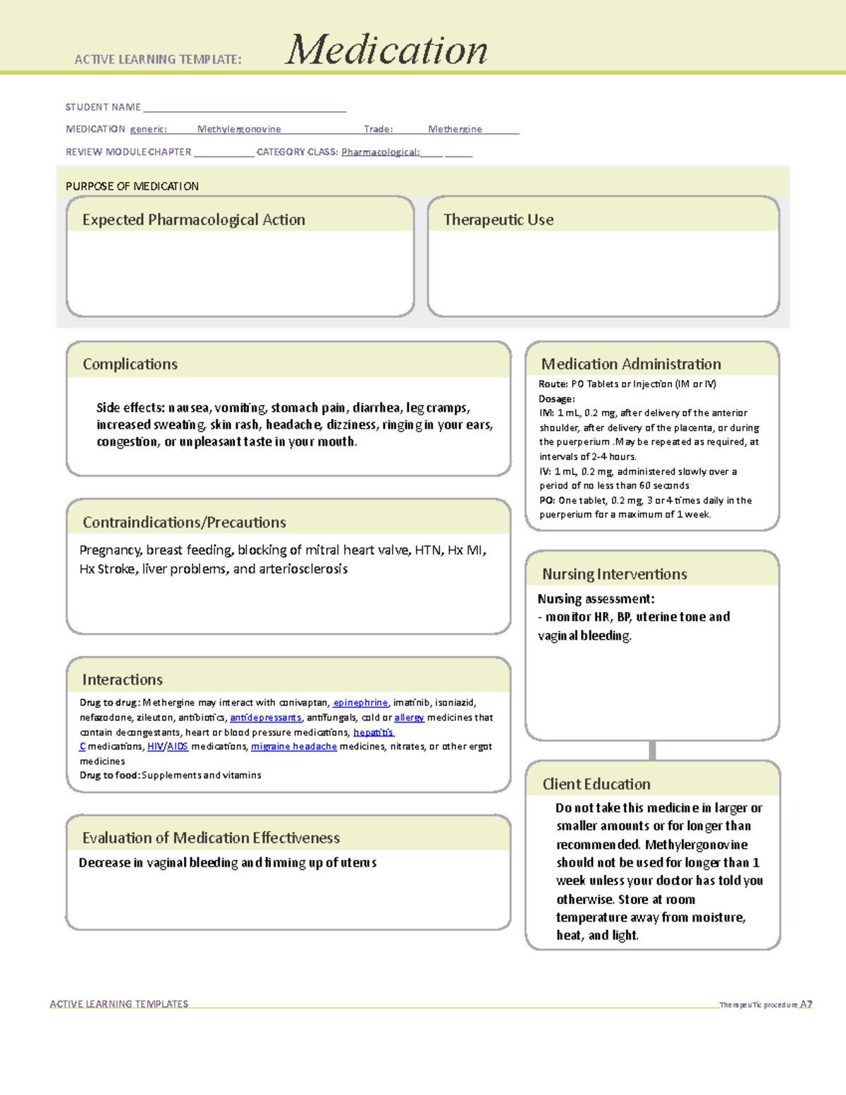 Methylergonovine medication card - ####### STUDENT NAME