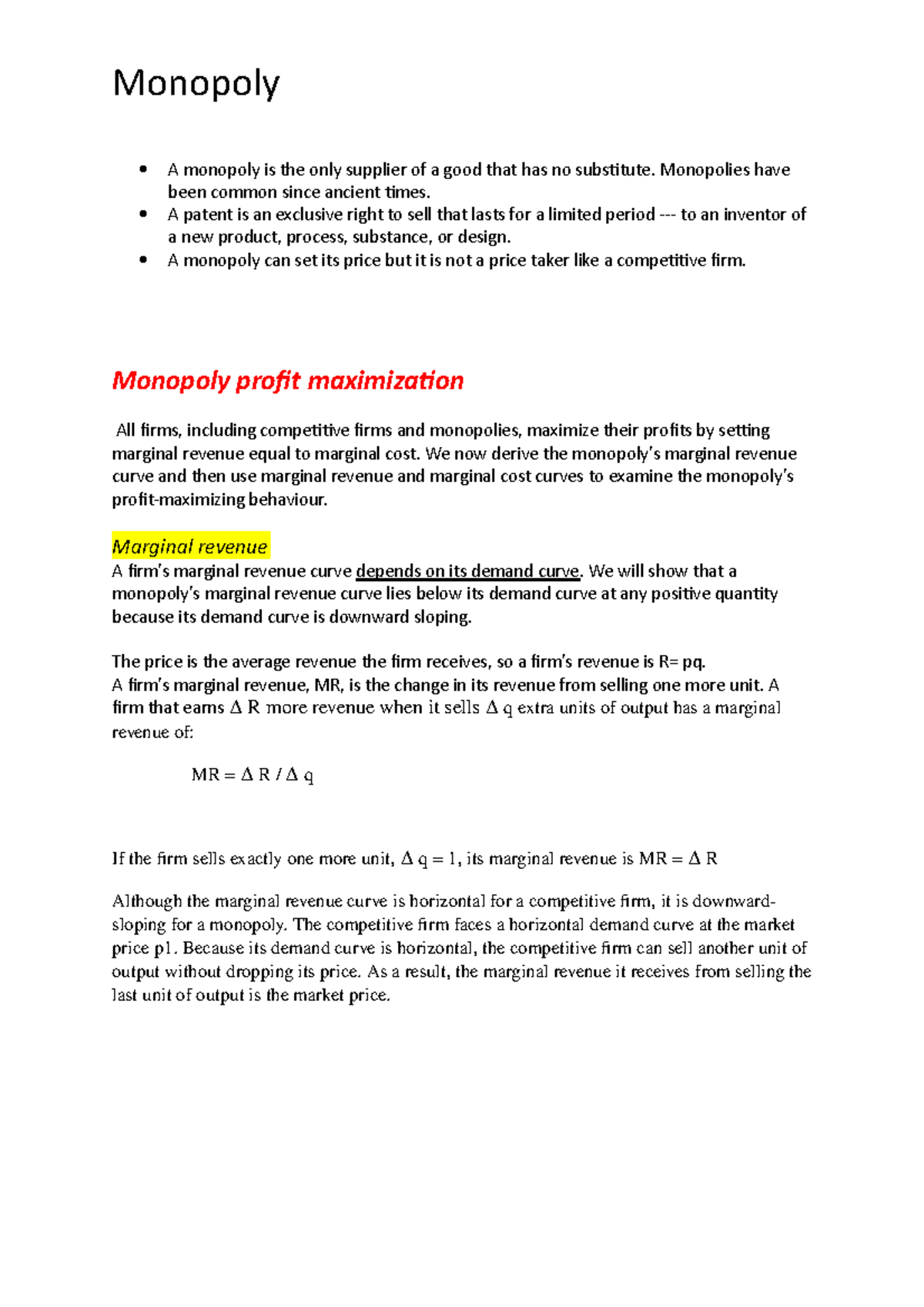 Chapter 11 monopoly - Summary notes - A monopoly is the only supplier ...