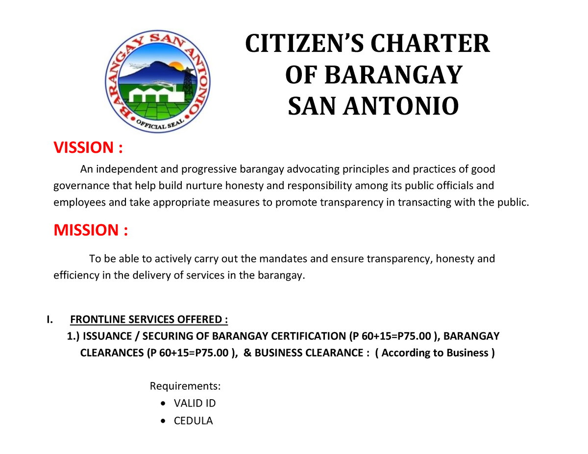 CIT CHA Barangay - CITIZEN’S CHARTER OF BARANGAY SAN ANTONIO VISSION ...