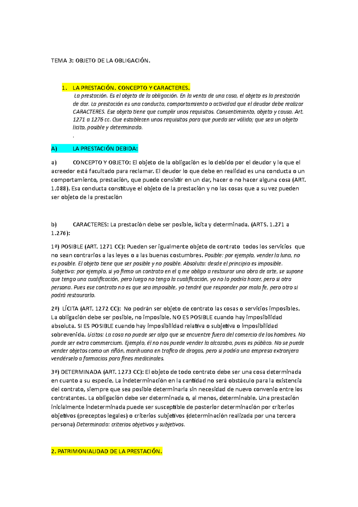 Tema 3 - Apuntes 3 - TEMA 3: OBJETO DE LA OBLIGACIÓN. 1. LA PRESTACIÓN ...