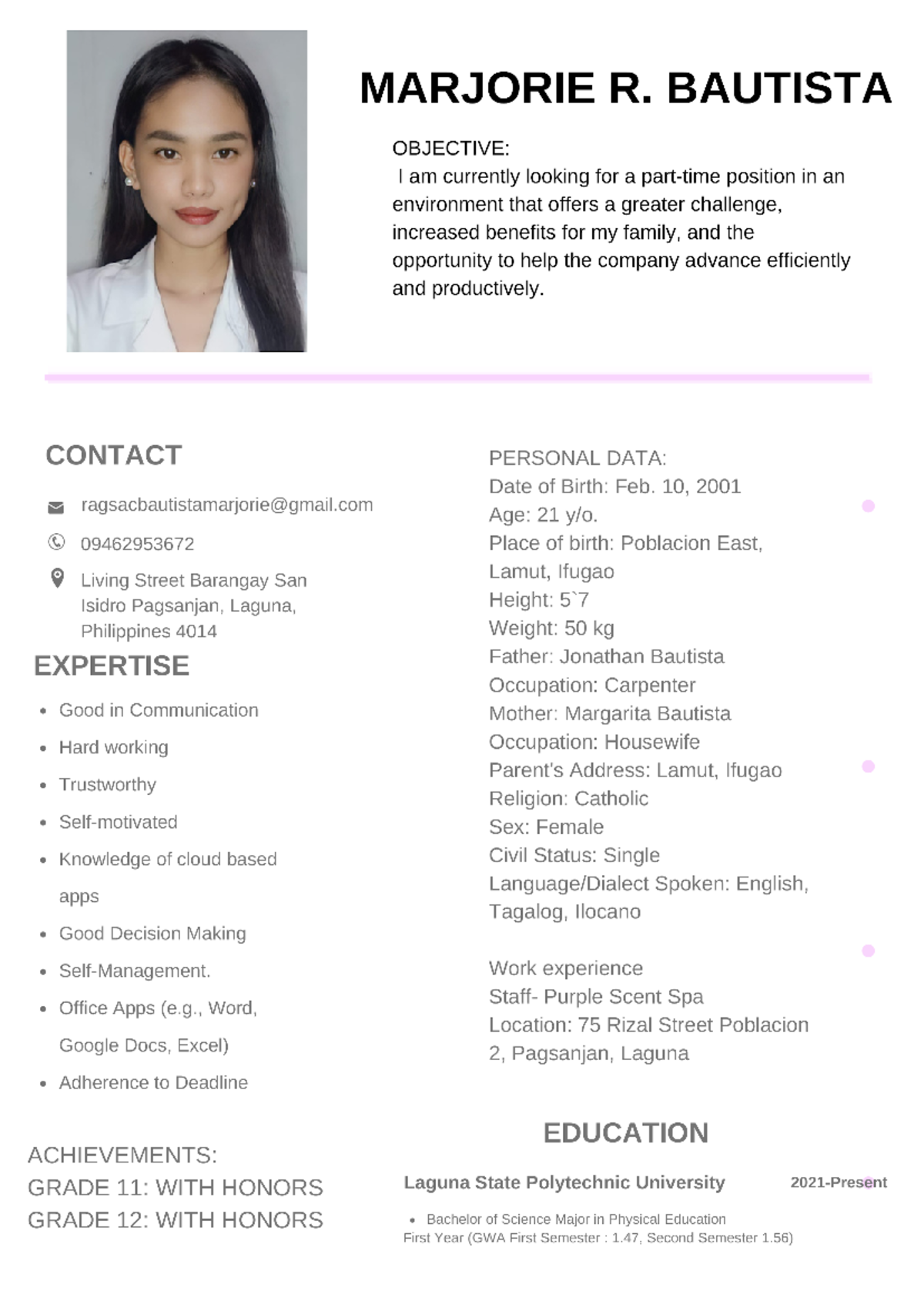 Plum Elegant Professional Resume - Bachelor of Physical Education - Studocu