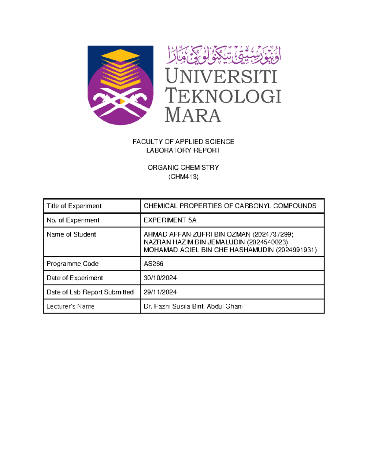Lab Report Exp 5A - Organic Chemistry - FACULTY OF APPLIED SCIENCE ...