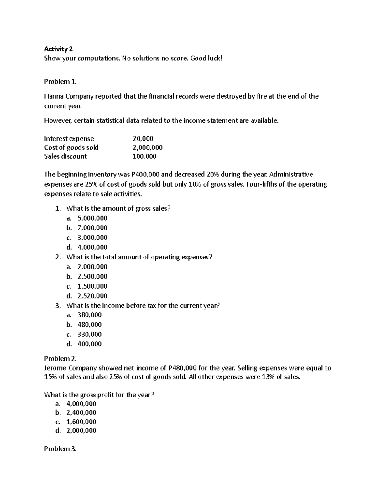 Problem Solving on Financial Position - Activity 2 Show your ...