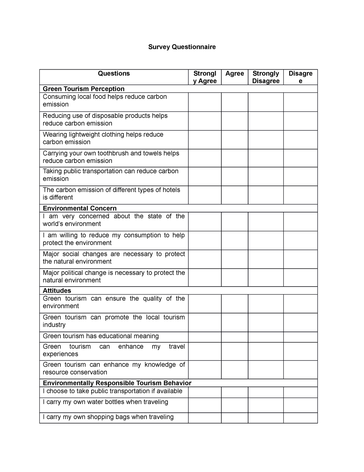 Survey Questionnaire green tourism - Survey Questionnaire Questions ...