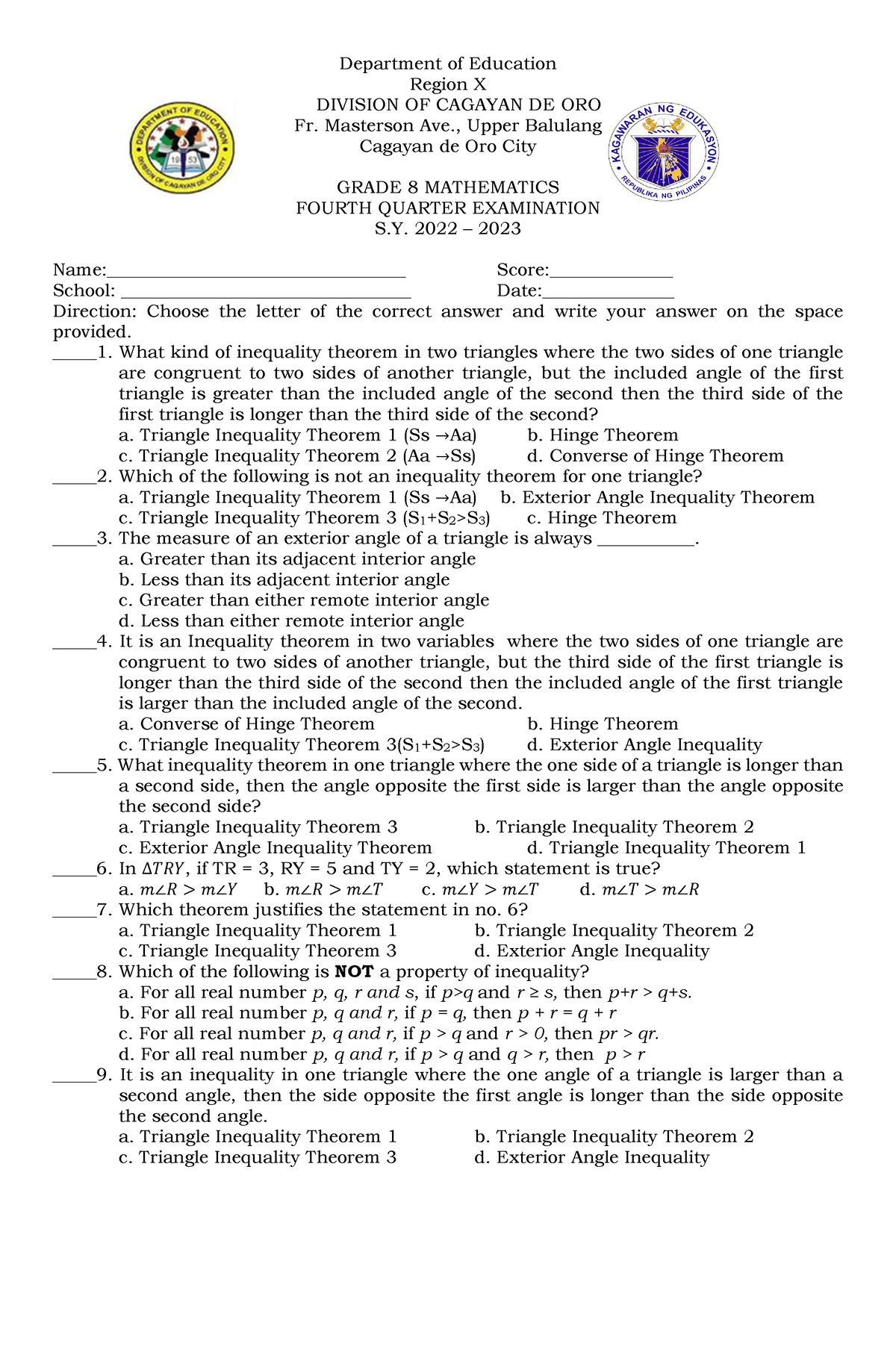 MATH 8 4th Quarter Exam to future purposes Department of Education