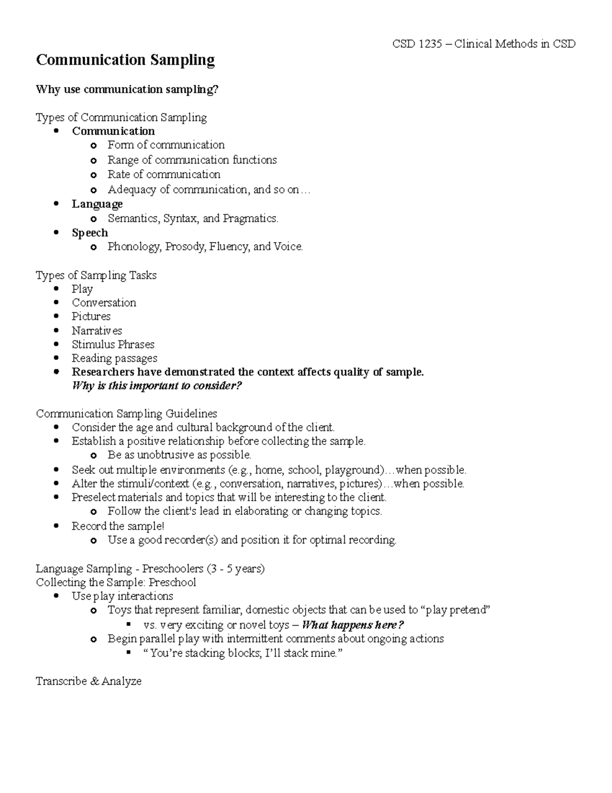 Week 7 Notes - Communication sampling - Communication Sampling Why use ...