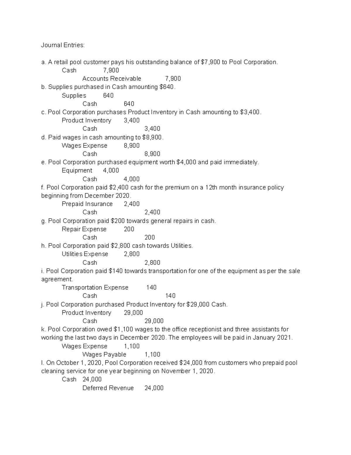 BU127 Questions - Journal Entries - Journal Entries: a. A retail pool ...