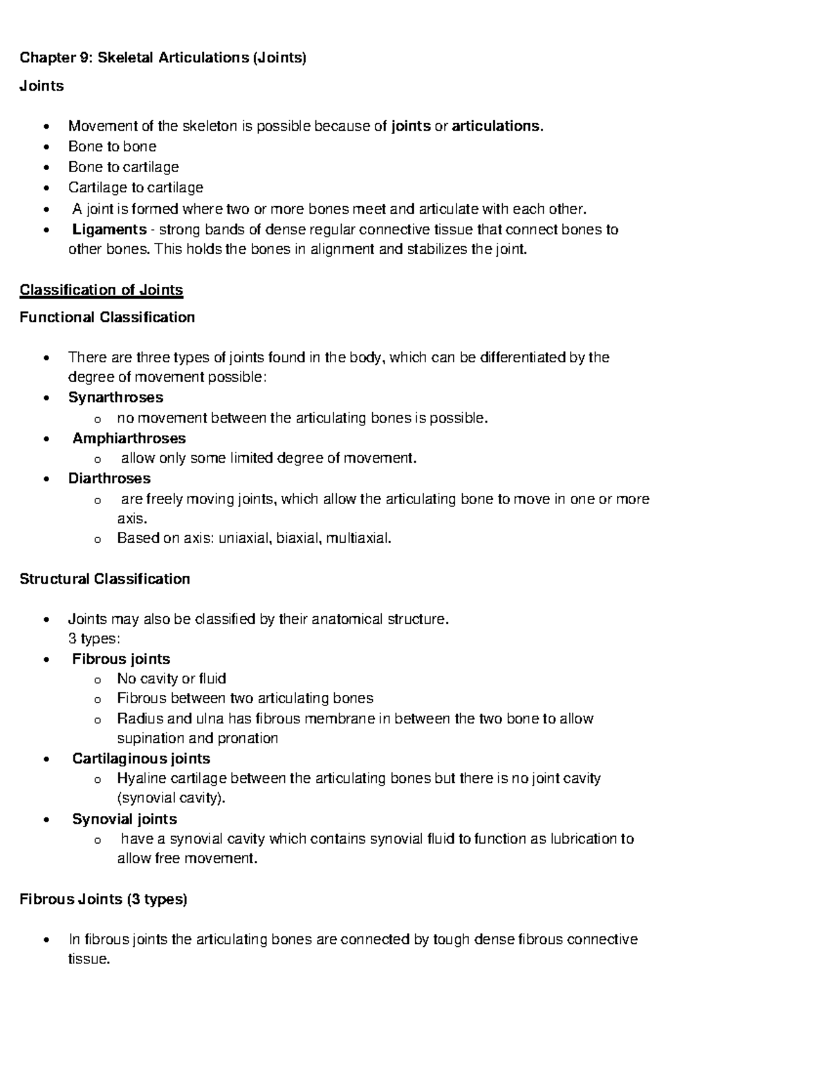Notes ch. 9 10 11 - Chapter 9: Skeletal Articulations (Joints) Joints ...