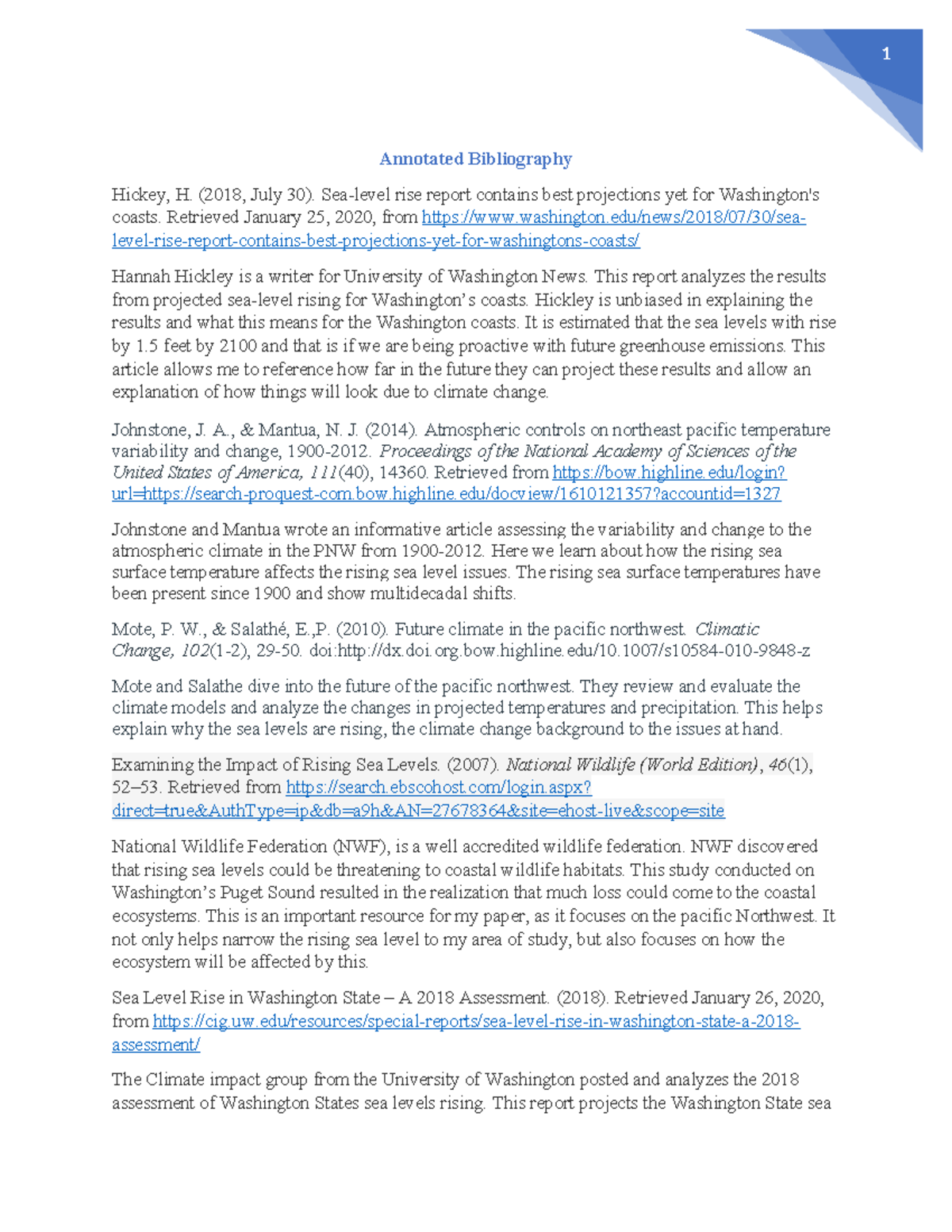 Annotated Bibliography 1 - Annotated Bibliography Hickey, H. (2018 ...