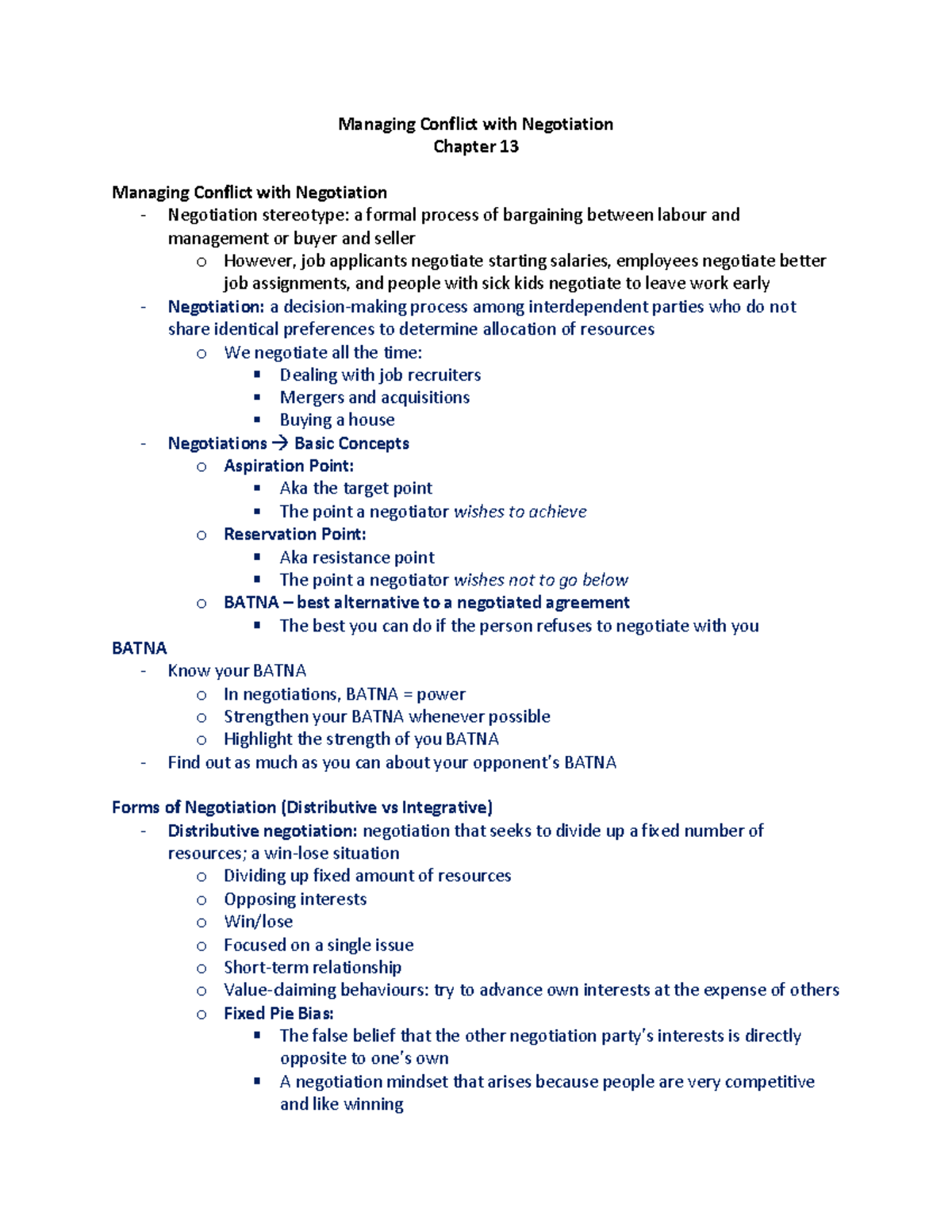 Organizational Behaviour - Negotiation - BU288 - WLU - Studocu