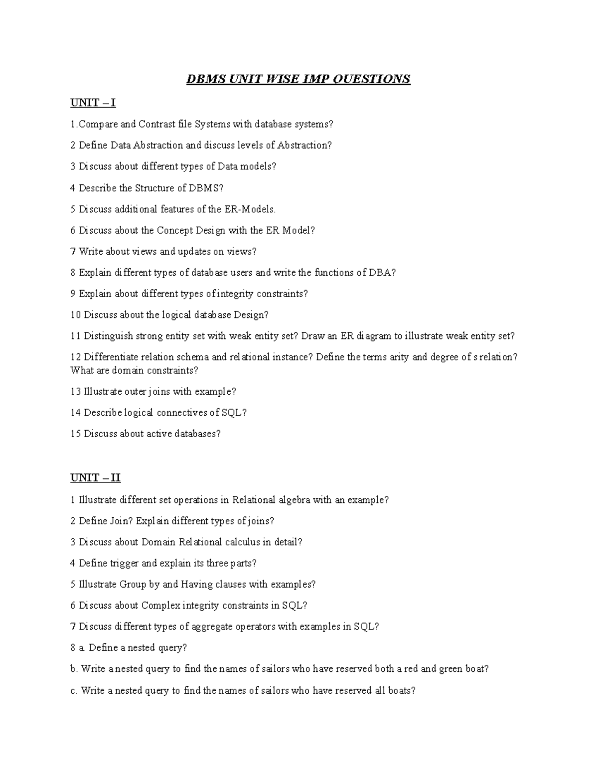 Dbms unit wise imp questions dbms unit wise imp questions unit i 1