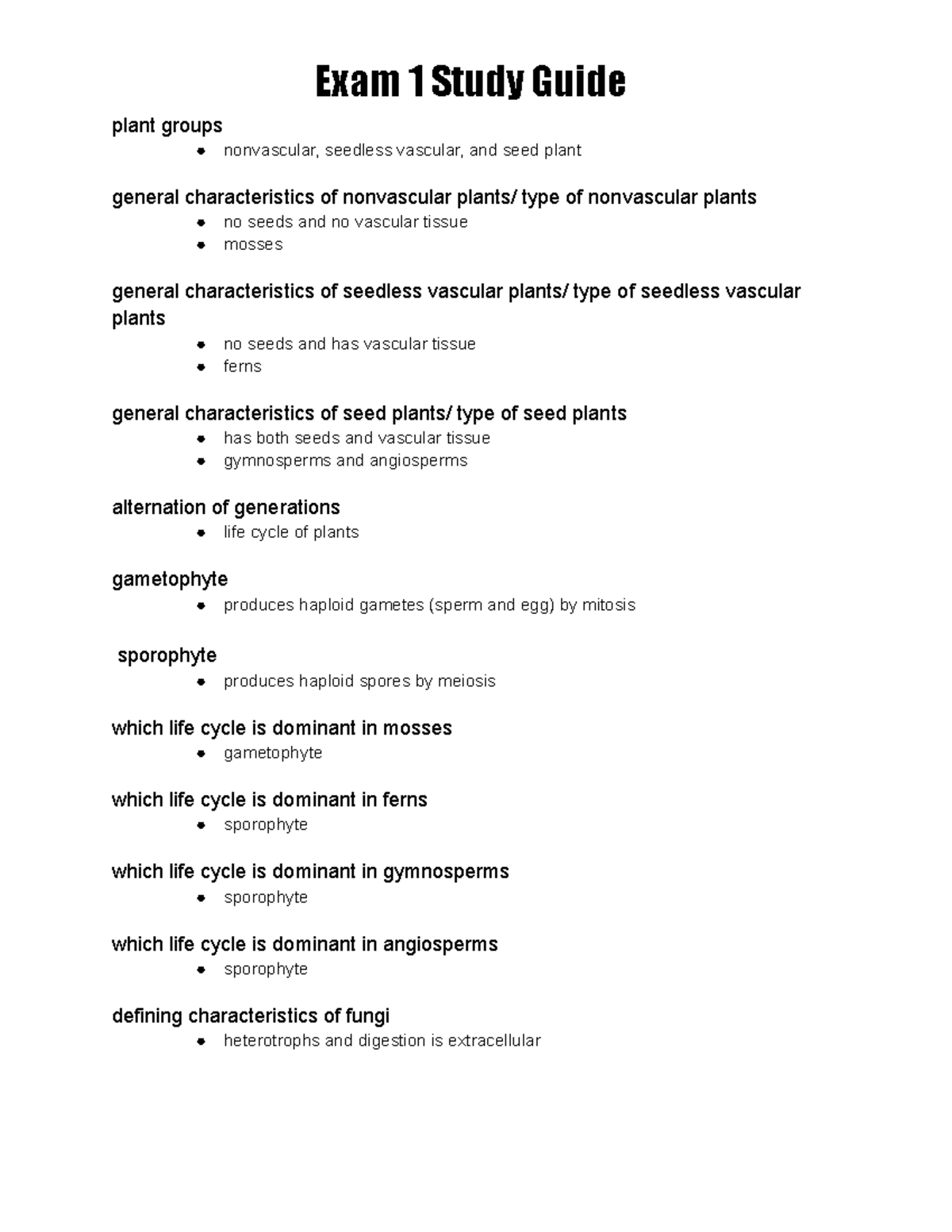 BIO Exam 1 - BIO 103 Exam Study Notes - Exam 1 Study Guide plant groups ...