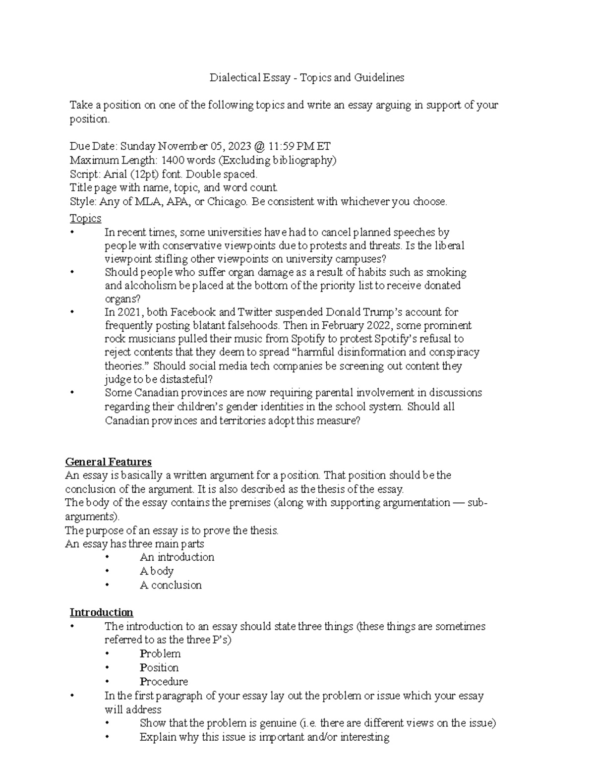 Essay Topics and Guidelines - Dialectical Essay - Topics and Guidelines ...