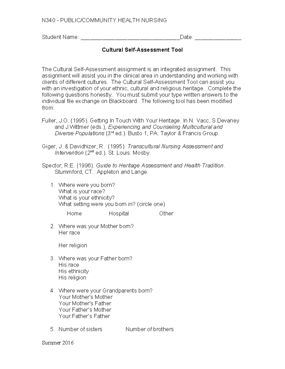 Cultural Assessment Tool - N340 - PUBLIC/COMMUNITY HEALTH NURSING ...
