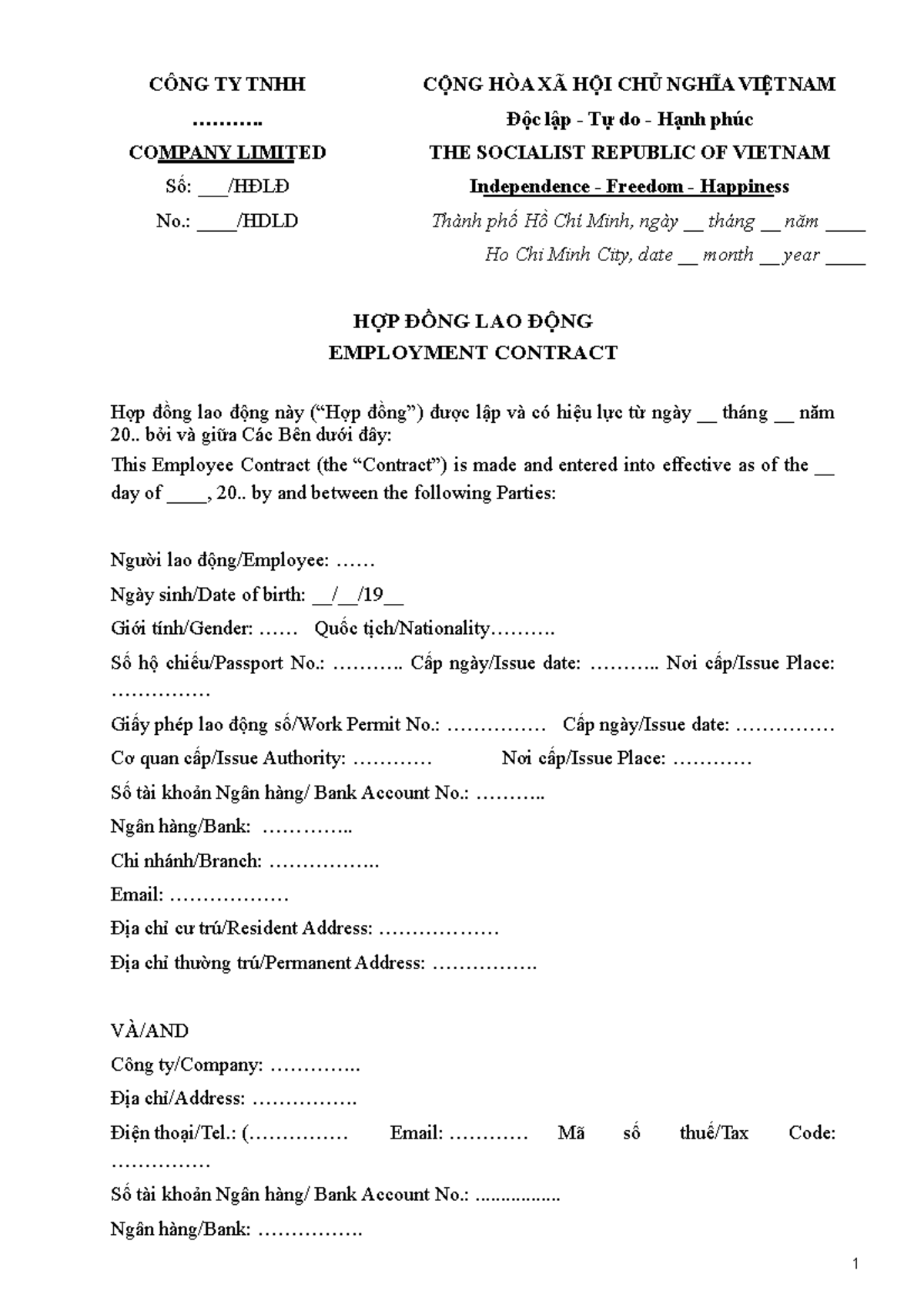 57. Employment Contract - CÔNG TY TNHH ........... COMPANY LIMITED Số ...