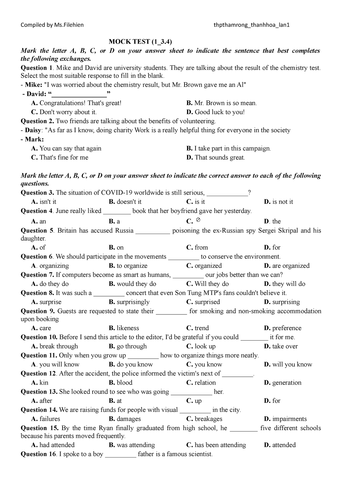 MOCK-TEST-1 3 - Hay - MOCK TEST (1_3) Mark The Letter A, B, C, Or D On ...