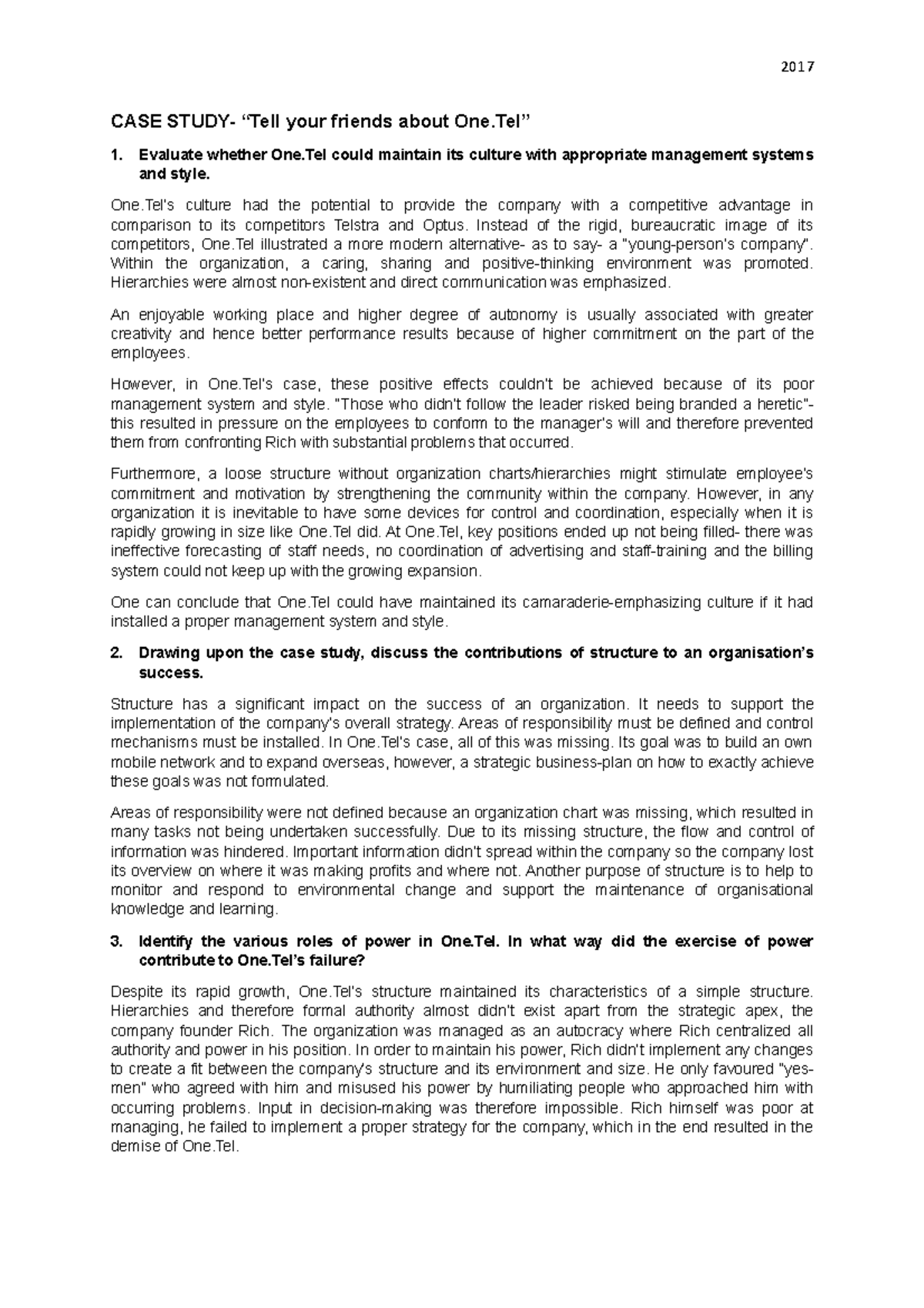 Onetel case - Case assignment, moderator - 2017 CASE STUDY- “Tell your ...