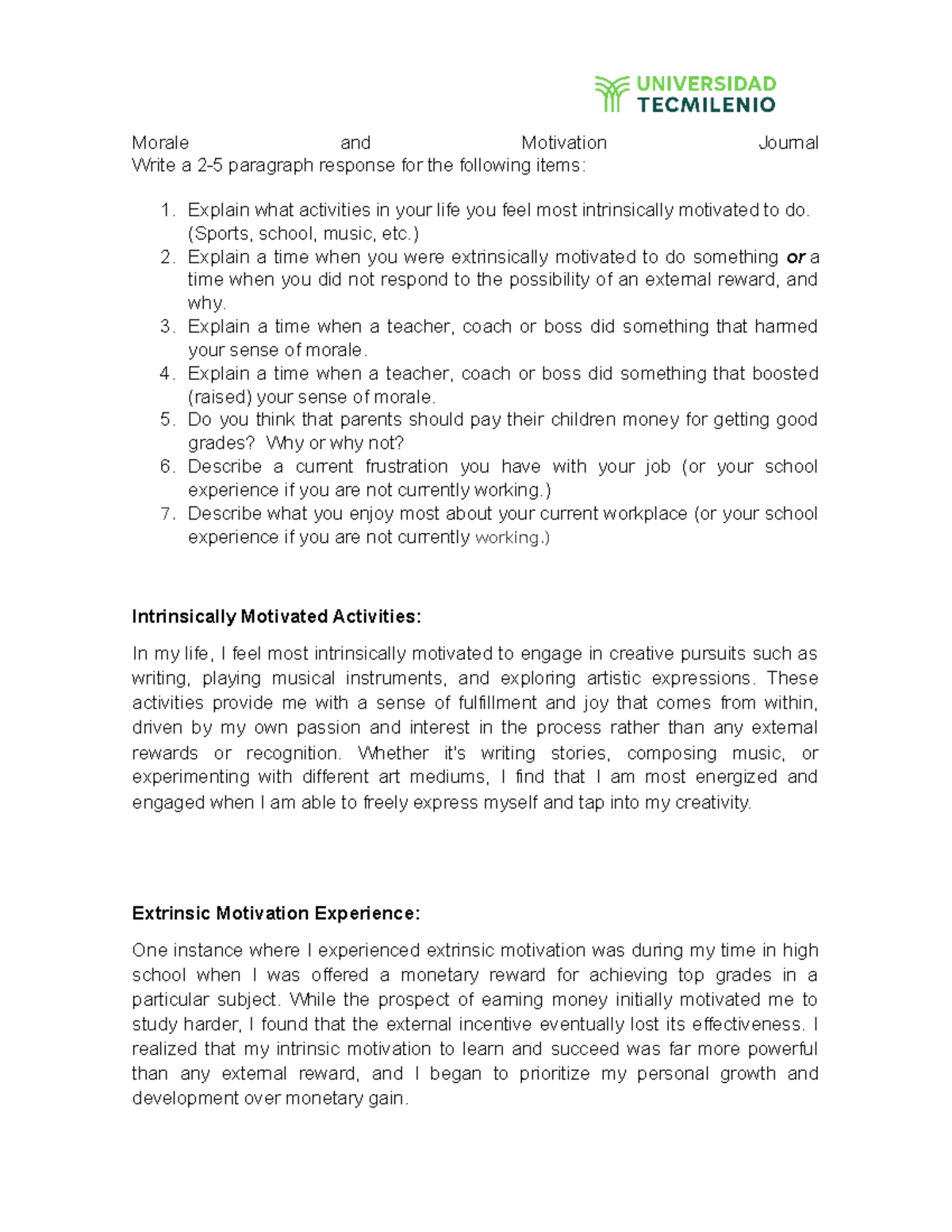 Activity #9 Inglés Avanzado 2 - Morale and Motivation Journal Write a 2 ...