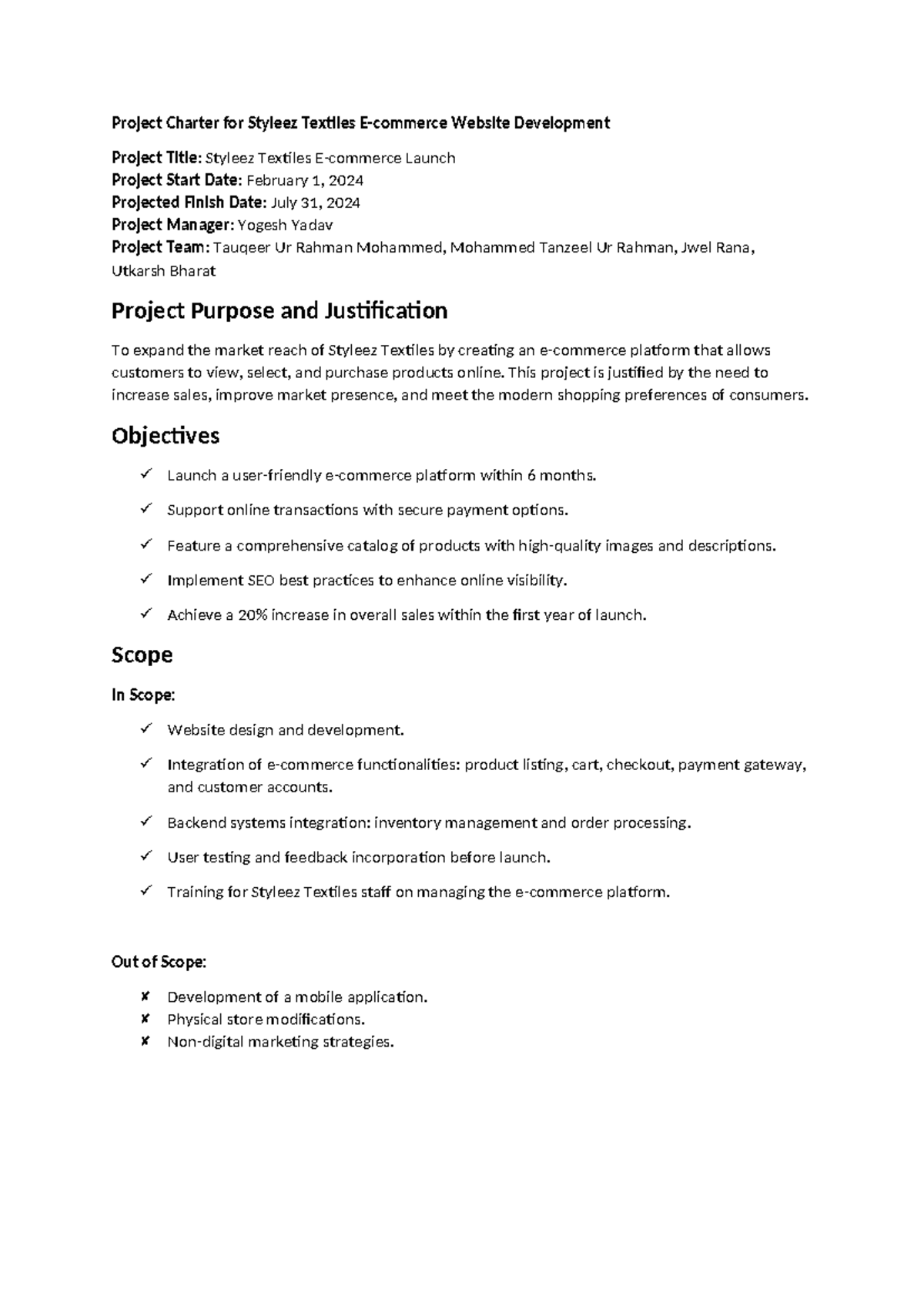 Project Charter for Styleez Textiles E - Project Charter for Styleez ...