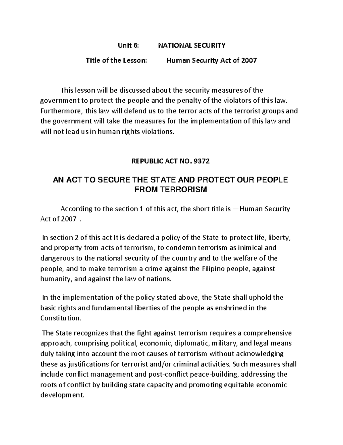 Unit 6 - National Service Training Program - Unit 6: NATIONAL SECURITY ...