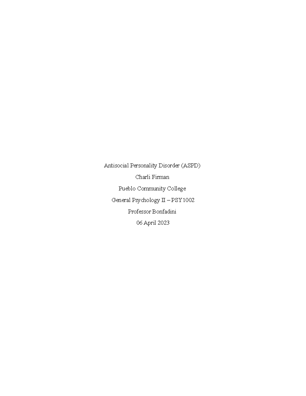 PSY1002 Antisocial Personality Disorder Essay Antisocial