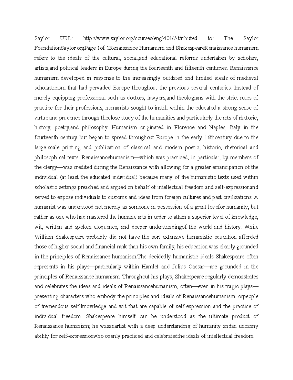Shakespeare And Humanism Saylor URL Saylor courses engl401 