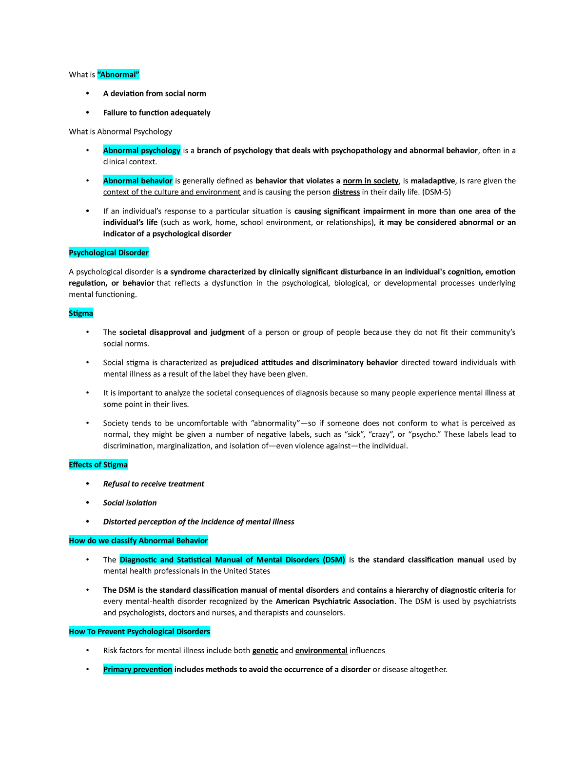 Abnormal Psych - What is “Abnormal” A deviation from social norm ...