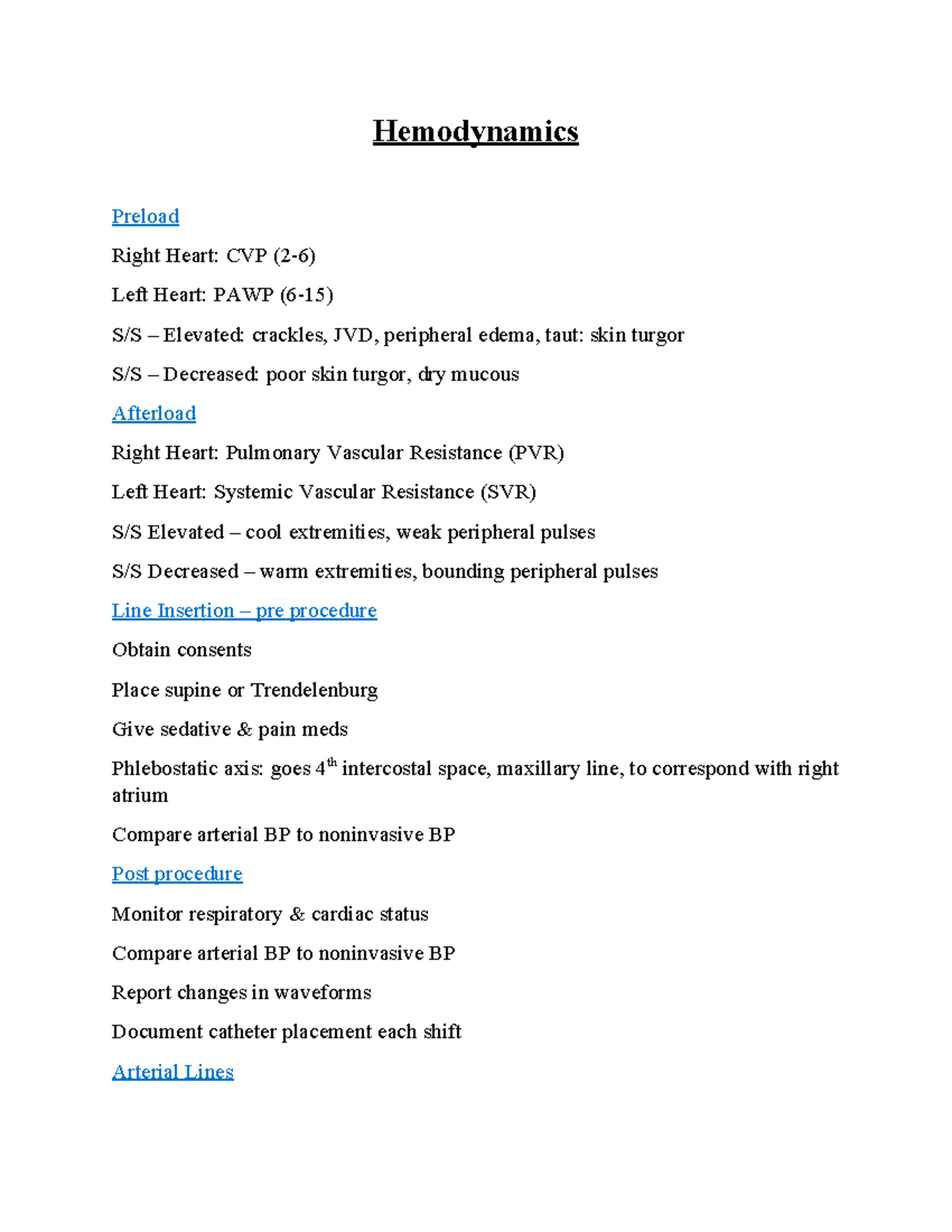 Critical Care Med Surg Week 1 Hemodynamics Notes - Hemodynamics Preload ...